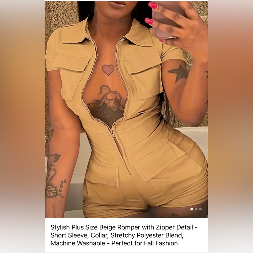 Stylish Beige Romper with Zipper Detail